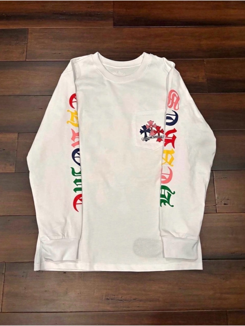 White Kids Long-Sleeve Pocket Tee with Colorful Sleeve Graphics